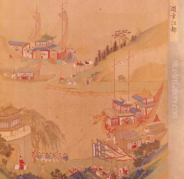 The Second Sui Emperor, Yangdi (569-618) with his fleet of sailing craft, from a history of Chinese emperors - view 1