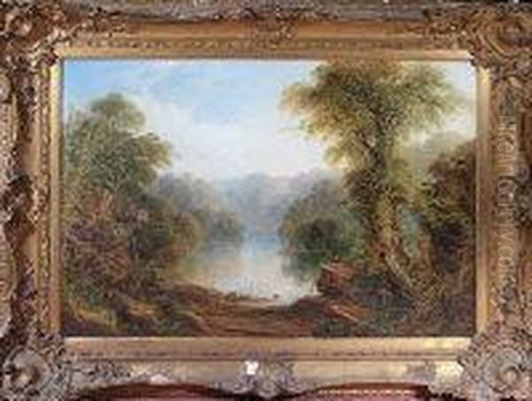 "at Hartford Hall Near Bedlington" - An Angler Seated Beneath Atree At A Lakeside - view 1