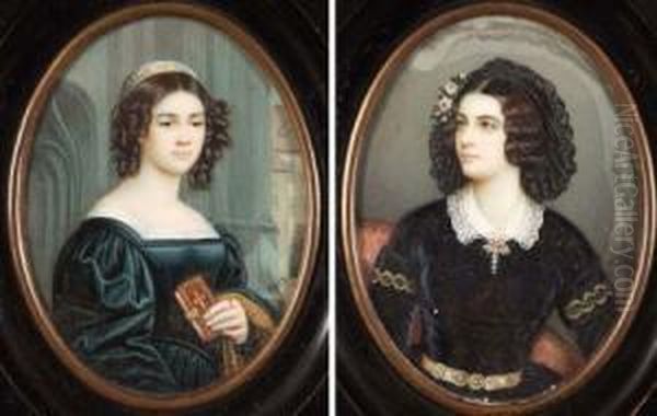 Indistinctly Signed, Inscribed Verso, Pair Of Oil Miniatures, Portraits Of Maria Grfin Van Landsfeld, And Anna Hillmayr, , 3 1/2 - view 1