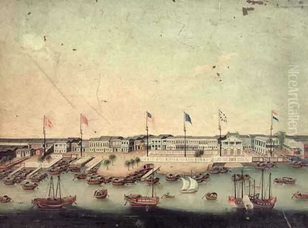 View of the Hongs at Canton with the Danish, Austrian, American, Swedish, British and Dutch factories - view 1