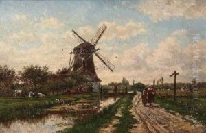 Kanaalgezicht Met Windmolen En Personage by Jan Baptiste, Jan Stobbaerts