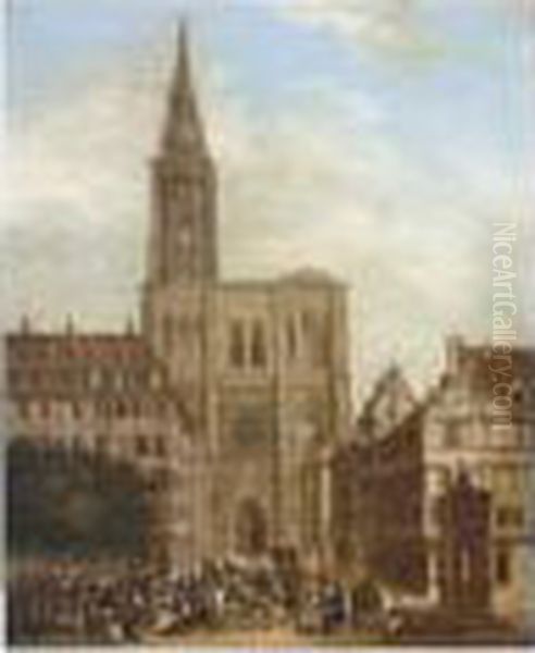 A Busy Market In Front Of A Cathedral, Strassbourg - view 1