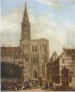 A Busy Market In Front Of A Cathedral, Strassbourg by Gustav Stobwasser
