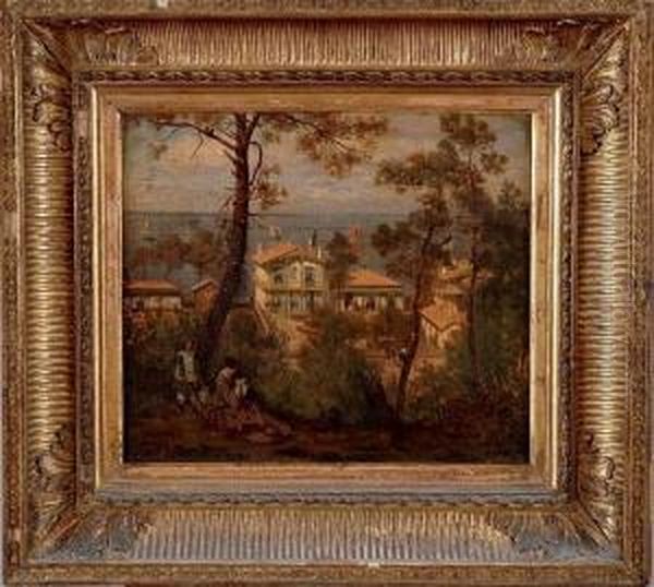 Fillette Jouant Et Jeune Femme Cousant Sous Les Arbres En Bord De Mer - view 1