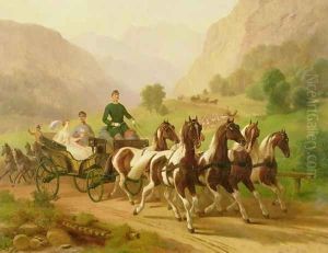 Emperor Franz Joseph I of Austria, being driven in his carriage with his wife Elizabeth of Bavaria in Bad Ischl, 1855 by Anonymous Artist
