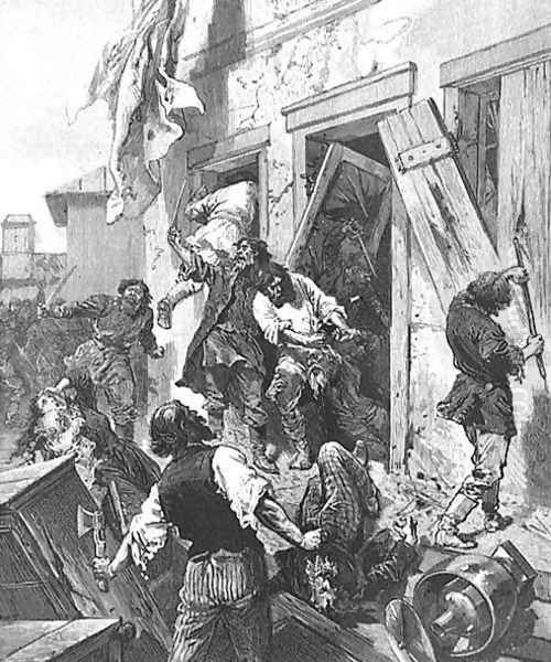 Attack on a Jewish house in Konnovino, near Nijni-Novgorod, 7th June 1884, in LIllustration, 2nd August 1884, from a sketch by Karazine, correspondent of LIllustration - view 1