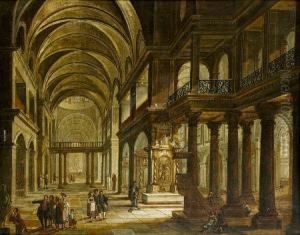 A Church Interior With Figures Praying