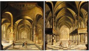 A Church Interior With A Lady And A Gentleman Together With A Cripple by Friedrich Stocklin