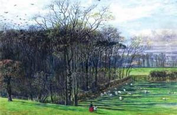 Mother And Child Near A Copse With Sheep Grazing - view 1