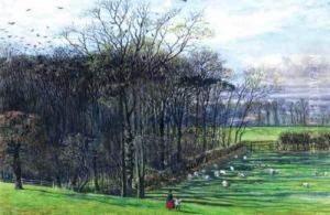 Mother And Child Near A Copse With Sheep Grazing by Walter Fryer Stocks