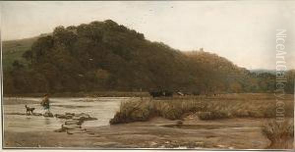 Country Landscape With Woman Crossing A Stream - view 1