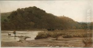 Country Landscape With Woman Crossing A Stream by Walter Fryer Stocks