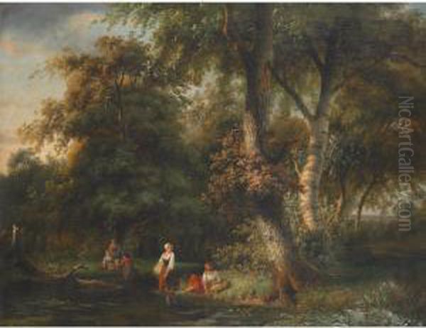 Young Field Workers Bathing And Resting In A Forestpool - view 1