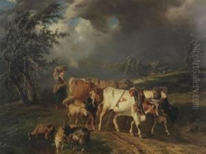 Couple Of Shepherds Running For An Approaching Thunderstorm by Ildephonse Stocquart