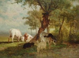 Cows And Sheep Near A Brook At The Fringe Of The Woods by Ildephonse Stocquart