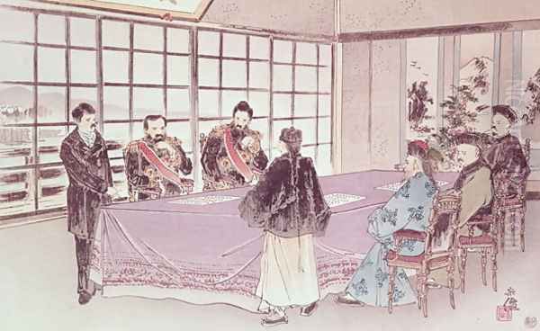 The Japanese ministers I-Tso and Mou-Tsou discuss with the Chinese envoy Ri-Ko-Sho the conditions of the Shimonoseki truce, 16th April 1895 - view 1