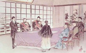 The Japanese ministers I-Tso and Mou-Tsou discuss with the Chinese envoy Ri-Ko-Sho the conditions of the Shimonoseki truce, 16th April 1895 by Anonymous Artist