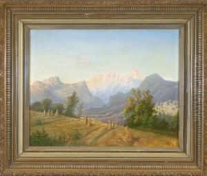 Getreidegarben Vor Weiter Landschaft Mit Blick Zum Hochgebirge Im Abendlicht