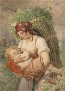 A Young Womanwith A Back Basket Full Of Leaves by Michael Stohl