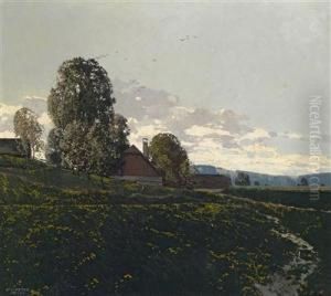 Meadow With A Farmhouse Surrounded By Trees In The Background