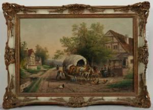 Sommerliche Dorfstrasse Mit Planwagen Und Figurenstaffage