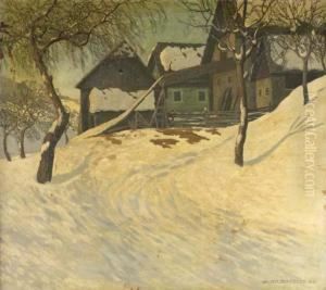 Alpine Farmhouses In Winter by Walter Stoitzner