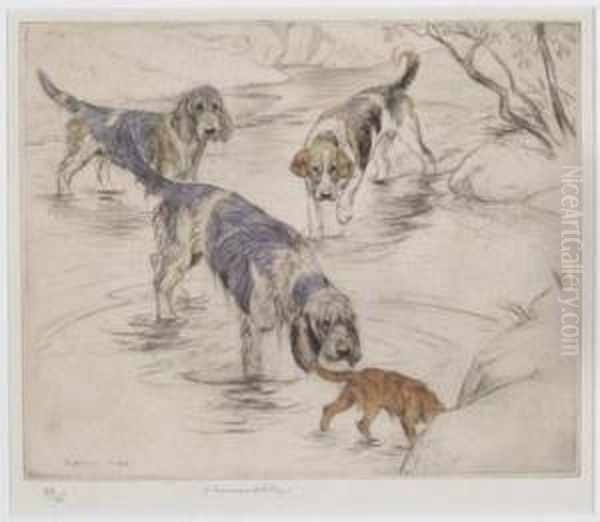 Otterhounds, English Foxhound And Terrier On A River - view 1