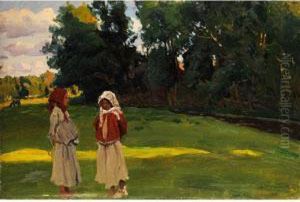 Landschaft Mit Dorfmadchen by Evgenii Ivanovich Stolitsa