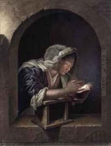 A Woman Blowing On Coals, In A Trompe L'oeil Niche by Jan Stolker