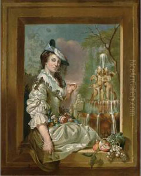 A Portrait Of An Elegant Lady Seated, Three Quarter Length, In A Stone Window, Wearing A White Satin Low Necked Dress With Tied Up Sleeves, Lace Underdress And Flat Feathered Hat, Holding A Shell In Her Hand, And With A Garland Of Flowers On Her Lap, Scul - view 1