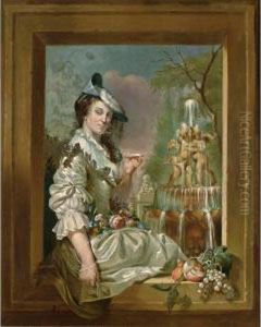 A Portrait Of An Elegant Lady Seated, Three Quarter Length, In A Stone Window, Wearing A White Satin Low Necked Dress With Tied Up Sleeves, Lace Underdress And Flat Feathered Hat, Holding A Shell In Her Hand, And With A Garland Of Flowers On Her Lap, Scul by Jan Stolker