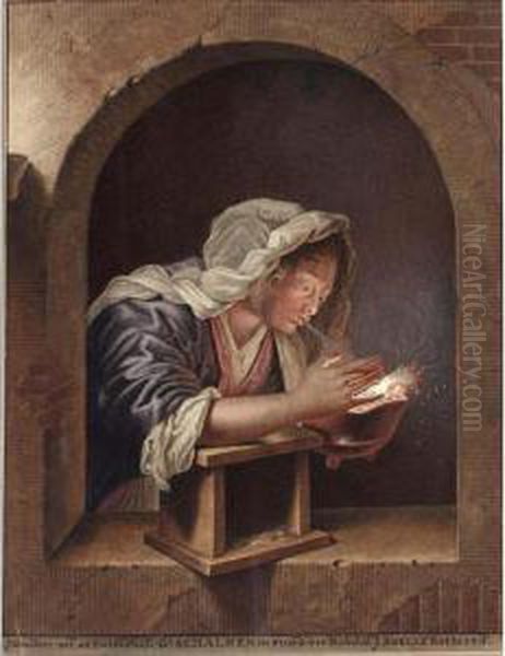 A Woman In A Niche Blowing On Coals In An Earthware Pot - view 1