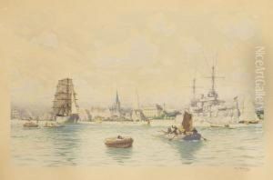 Kieler Hafenansicht Mit Kriegsschiff Und Dreimastbark
