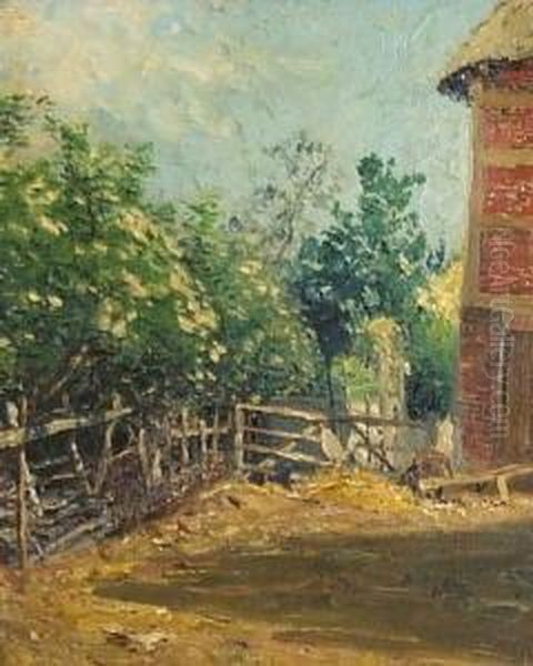 "sonnige Ecke" . Hinter Dem Stallgebaude Misthaufen Mit Huhn. Unten Rechts Signiert Fritz Stoltenberg, Barsbek - view 1