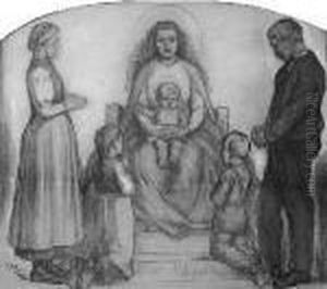 A. "bauernfamilie In Anbetung Der Muttergottes Mit Kind". Mischtechnik. Sign. Besch. 127,5 X 144,5 Cm. Rahmen by Albert Stolz