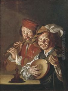 A Lute Player And A Flute Player Making Music By Candlelight by Matthias Stomer