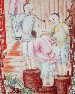 Detail from a vase depicting men packing tea by Anonymous Artist