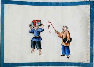 Man carrying books on his head, 1850s