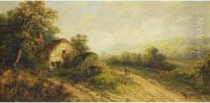 Rural Landscape With Figure On A Path Beside A Thatched Cottage by William Stone