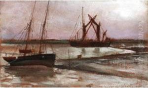 Barges At The Ferry, Benfleet - Canvey; Schooner by Frank P. Stonelake