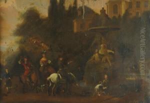 A Hawking Party At Rest Before An Italiante Fountain