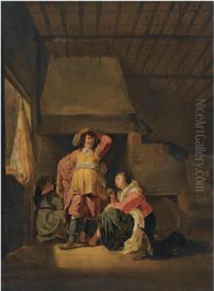 An Interior Scene With A Officer And A Seated Woman Smoking Apipe - view 1