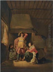 An Interior Scene With A Officer And A Seated Woman Smoking Apipe by Maerten Stoop