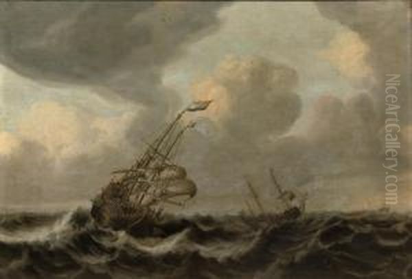 Dutch Men O' War In Rough Seas - view 1