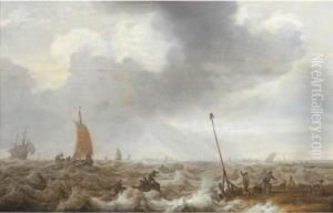 Shipping In Choppy Seas With Fishermen On The Shore In The Rightforeground, A Town Beyond by Cornelis Stooter