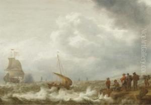 Shipping Off The Coast In A Stiff Breeze, Figures On The Shorelinein The Foreground by Cornelis Stooter