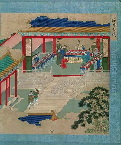 Emperor Hui Tsung (r.1100-26) taking part in a festival in which he drinks from a cup made of precious stone, from a history of Chinese emperors - view 1