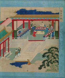 Emperor Hui Tsung (r.1100-26) taking part in a festival in which he drinks from a cup made of precious stone, from a history of Chinese emperors by Anonymous Artist