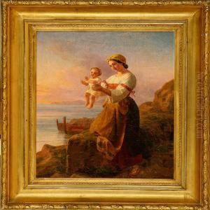 Italian Coastal Scene With Mother And Child by Frederik Ludwig Storch