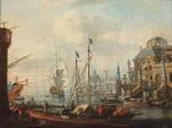 A Mediterranean Harbour View With Stevedores Loading - view 1